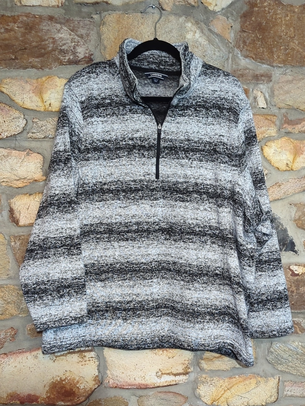 Lands' End Black and Gray Striped Quarter-Zip Fleece Pullover